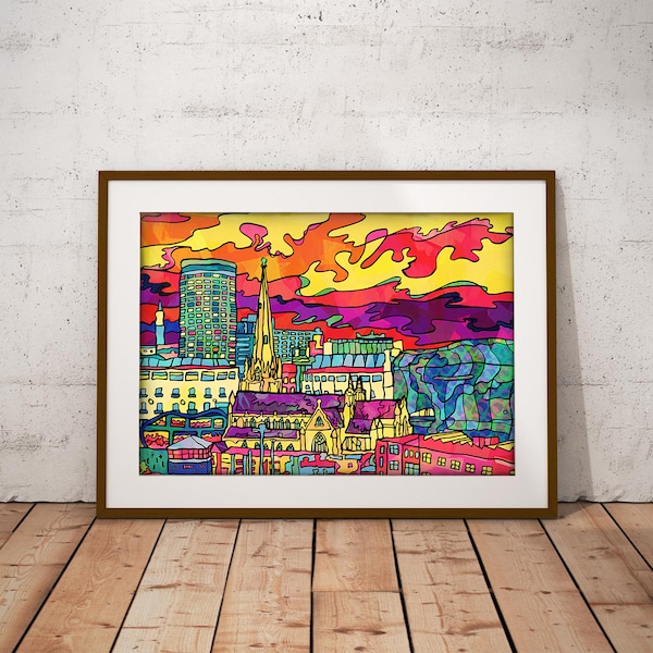 Birmingham City Art Print | Birmingham Cityscape Skyline Illustration | 60s Psychedelic Poster | Colourful Abstract Landscape Wall Art