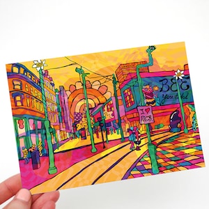 Manchester City Psychedelic Postkarte, kleine Manchester Wand Kunst Druck, Psychedelische Dankes-Karte, Geburtstagskarte, kleine Wand Kunst Dekor.