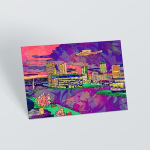 Cartão postal da cidade de mídia de Salford Quays | Impressão artística psicodélica pequena do horizonte de Salford Quays | Cartão postal da cidade urbana | Impressão artística psicodélica dos anos 60 e 70