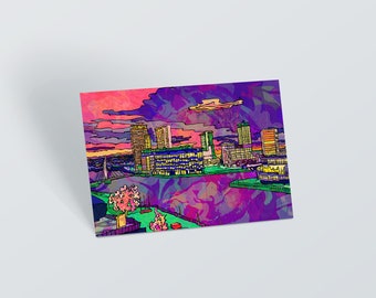 Salford Quays Media City Postcard | Salford Quays Skyline Psychedelic Small Art Print | Urban City postcard | 60s, 70s psychedelic art print