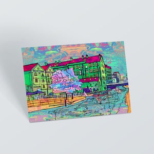 Nottingham Kanal Postkarte, Psychedelische Kanal-Haus Illustration Postkarte, bunte kleine Kunstdruck-Geschenk, Geburtstagskarte, Dankes-Karte,