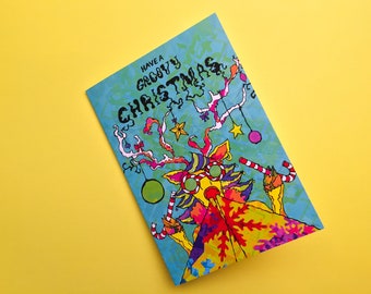 Have a Groovy Christmas Greeting Card | Rudolf Red nose Reindeer drawing | Fun Illustrated Handmade Christmas Cards |  Groovy Unique Card