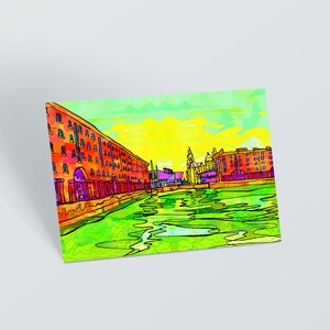Cartão postal de Liverpool | Cartão Royal Albert Docks | Arte psicodélica colorida da cidade de Liverpool | Impressão Liverpool Royal Albert Docks | Cidade inglesa