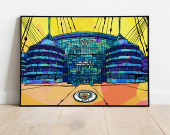 Man City Football Poster Print | Etihad Football Stadium Manchester City Wall Art | Psychedelic style illustration Art Print small and large