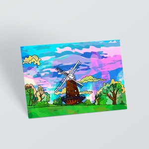 Nottingham windmolen briefkaart, psychedelische Sneinton Mill illustratie briefkaart, kleurrijke kleine Art Print cadeau, verjaardagskaart, bedankkaart