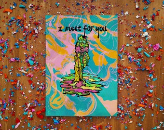 Funny Valentine's day Greeting Card - I Melt for you | 60s Psychedelic Retro style greeting card | Ice cream card | Customisable card