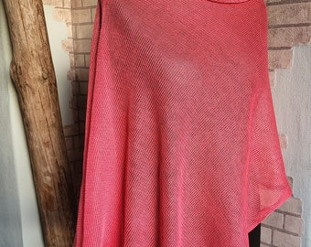 Poncho leggero, involucro di lino, poncho trasparente, poncho estivo, mantello asimmetrico, scialle rosso, scialli da sera, oversize, regalo di lino lavorato a maglia