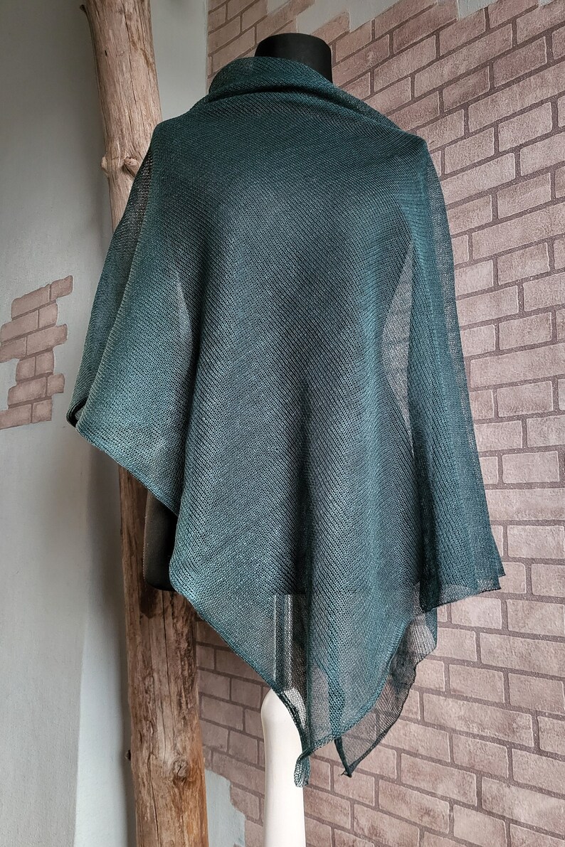 Linen poncho green, Knitted wrap, Lightweight cape, Summer shawl, Evening shawls wraps, Asymmetric ponchos, Beach shrug, Gift for her image 2