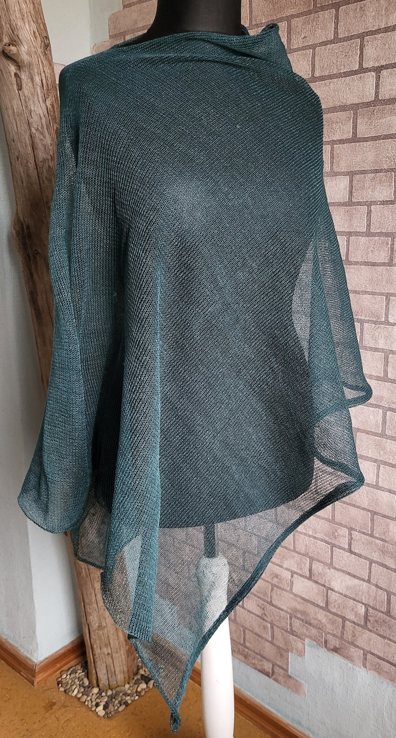 Linen poncho green, Knitted wrap, Lightweight cape, Summer shawl, Evening shawls wraps, Asymmetric ponchos, Beach shrug, Gift for her image 9