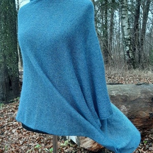 Kid Mohair Silk Knitted Poncho: Jeans Blue Warm Shawl