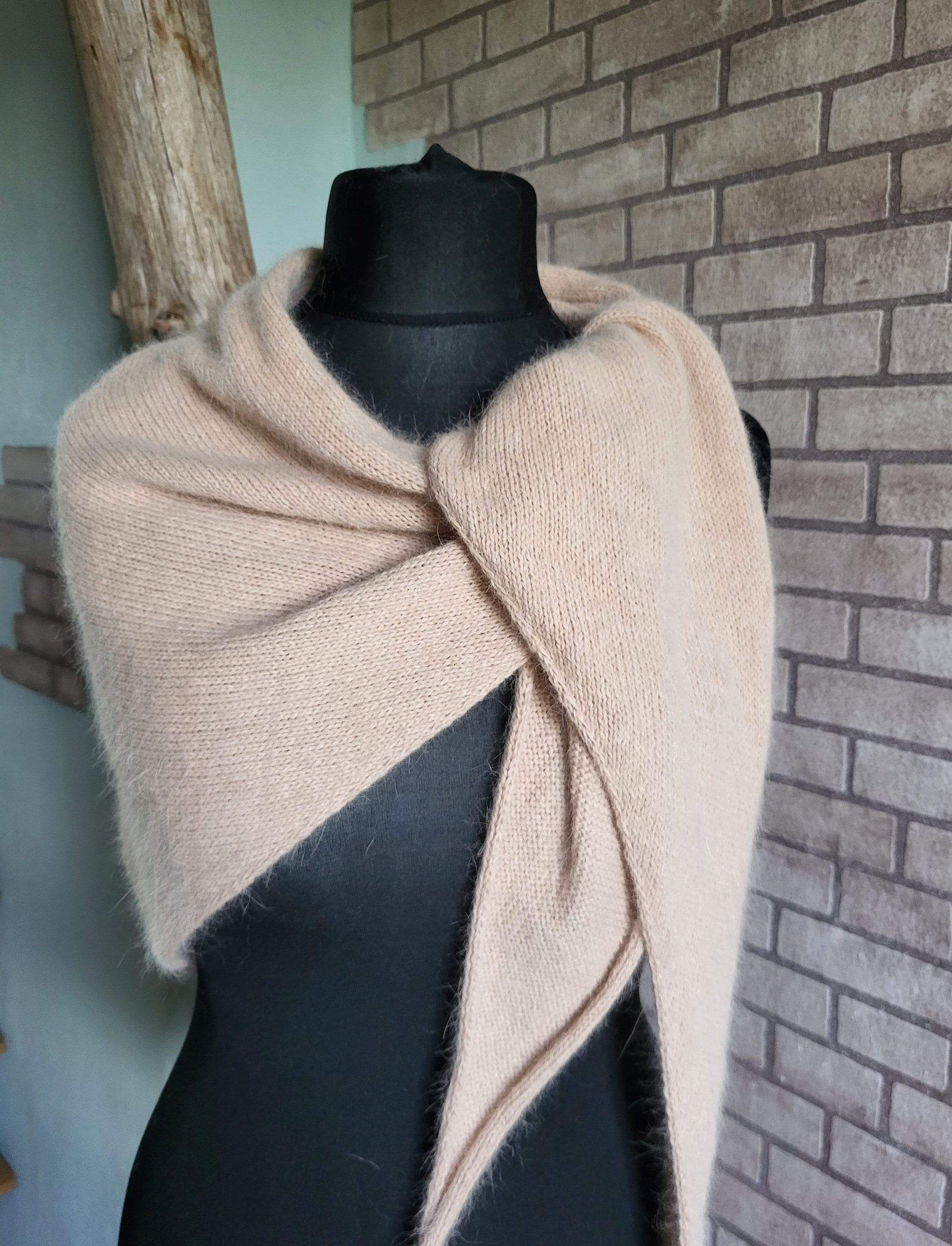 Angora Triangle Scarf: Light Beige Knitted Wool Shawl - Etsy