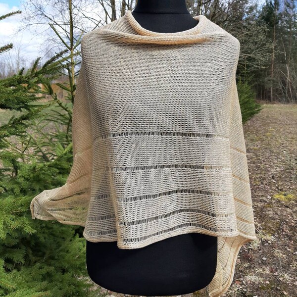 Linen Poncho, Linen Silk Summer Wrap, Beach Poncho, Beige Gold Shawl, Silk Cape, Linen Shawl, Versatile Poncho Plus Size, Champagne Beige
