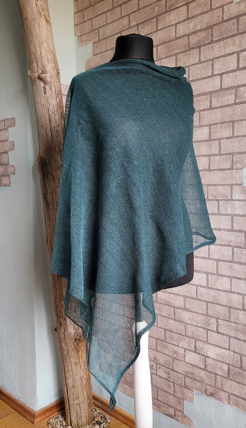 Linen poncho green, Knitted wrap, Lightweight cape, Summer shawl, Evening shawls wraps, Asymmetric ponchos, Beach shrug, Gift for her image 1