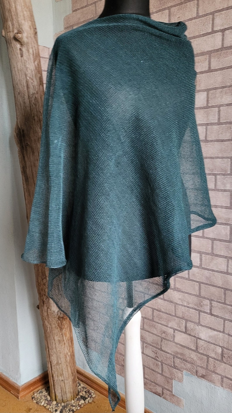 Linen poncho green, Knitted wrap, Lightweight cape, Summer shawl, Evening shawls wraps, Asymmetric ponchos, Beach shrug, Gift for her image 10
