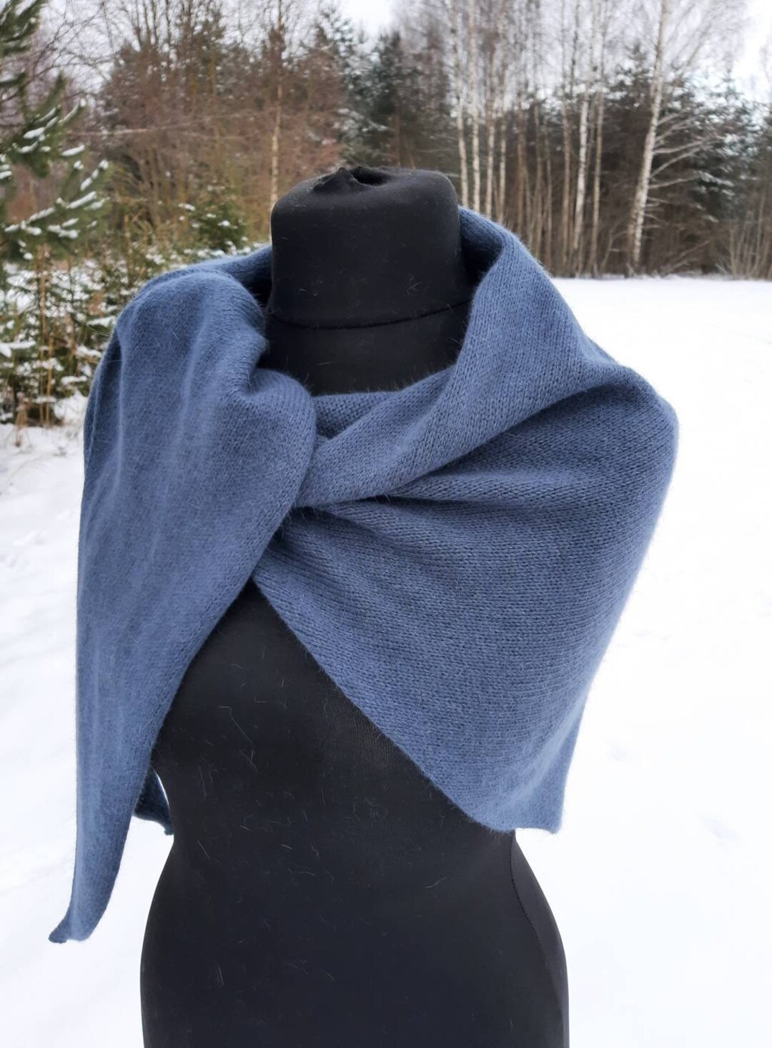 Angora Merino Triangle Scarf: Knitted Blue Shawl - Etsy