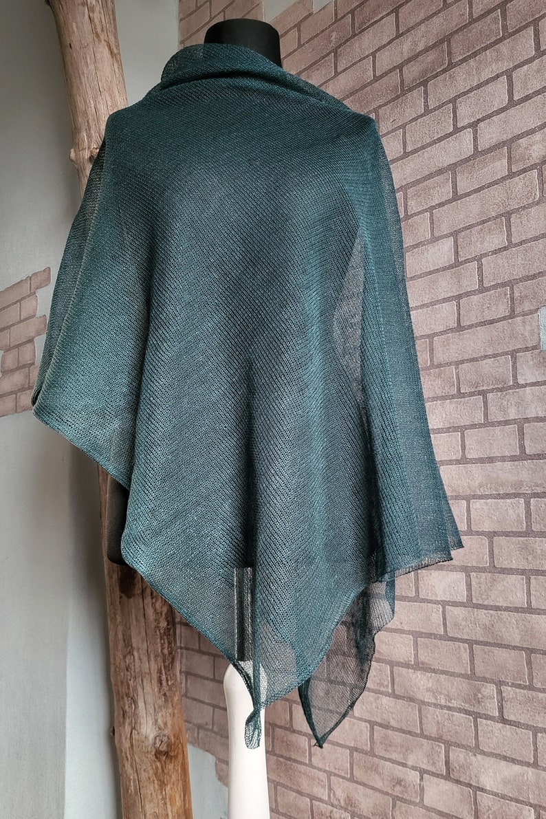 Linen poncho green, Knitted wrap, Lightweight cape, Summer shawl, Evening shawls wraps, Asymmetric ponchos, Beach shrug, Gift for her image 8