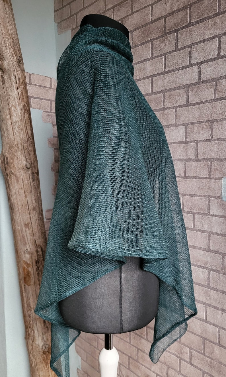 Linen poncho green, Knitted wrap, Lightweight cape, Summer shawl, Evening shawls wraps, Asymmetric ponchos, Beach shrug, Gift for her image 4