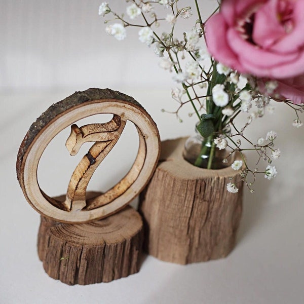 Rustic Wood Wedding Table Numbers, Nature's Charm for Your Special Day, Handcrafted from Oak, Wooden Vase for Floral Arrangements Included
