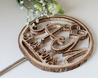 Décoration de gâteau en bois pour mariage, décoration de gâteau rustique, décoration de gâteau unique, décoration de gâteau initiale