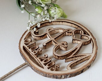 Rustic wedding cake topper, Custom cake decor, Wood slice Initial cake topper