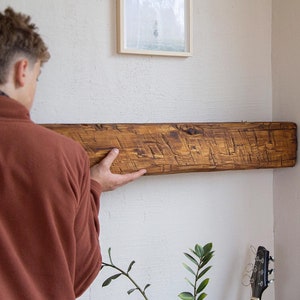 Fireplace mantle, floating mantel, Solid wood beam chunky shelf, farmhouse barnwood beam, Long wood shelves, Decorative floating shelf