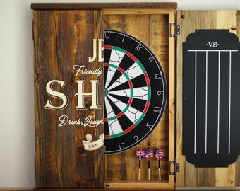 Personalized wall dart board cabinet, Reclaimed wood dart board backer, Rustic room décor, Thoughtful wedding gift, Custom game room decor