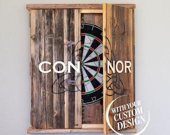 Personalized Dart Board Cabinet: Rustic Reclaimed Wood, Gameroom Decor