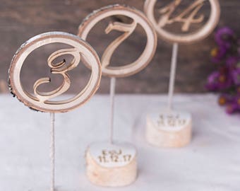 10 wooden table numbers, with personalized holder, Table number stands, Wedding table numbers, Rustic wedding table decor, Table number tags