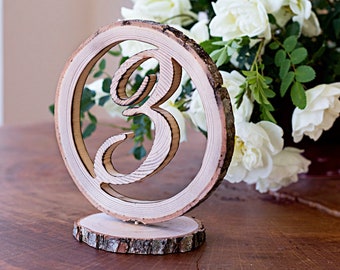 Wooden table numbers for wedding, Rustic table décor, Free standing table numbers, Hand cut from natural wood slice