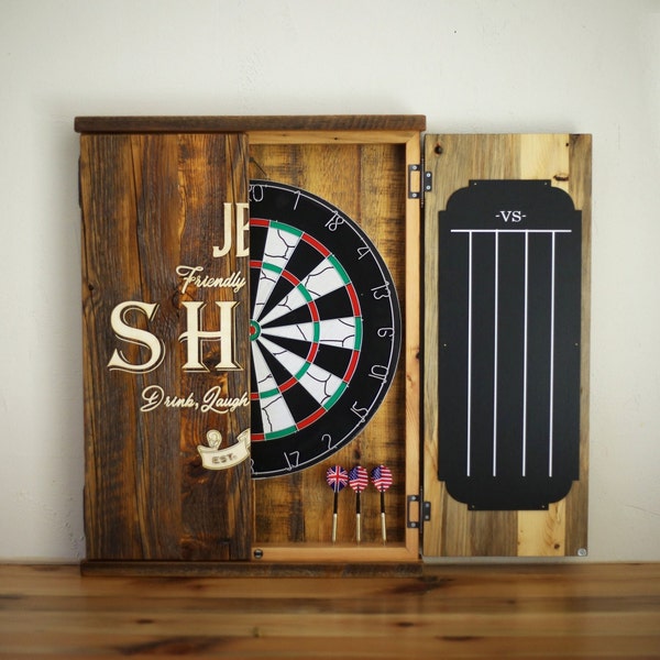Personalized dart board cabinet, Custom Office game, Reclaimed wood dart board backer,  Gift for him