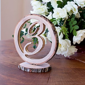 Wooden table numbers for wedding, Rustic table décor, Free standing table numbers, Hand cut from natural wood slice image 1