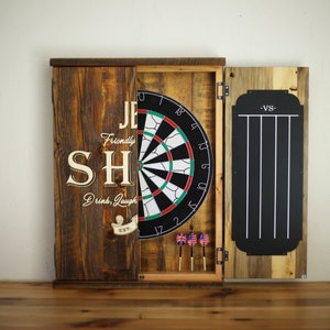 Personalized Hanging Dartboard Cabinet, Reclaimed wood wall saver, Unique custom gift, Rustic Wedding gift for couple, Family name sign
