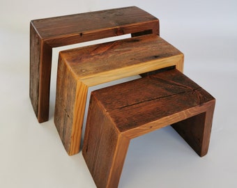 Set of 3 Wood Nesting Step Stool, Wood Plant Stands, Tiered Reclaimed Wood Riser, Gift for the home