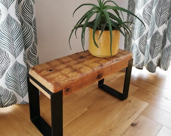 Small Wood Stool with Metal Legs, Kitchen Step Stool from Reclaimed Wood, Small but Heavy Entryway Bench, Living room or bedroom decor
