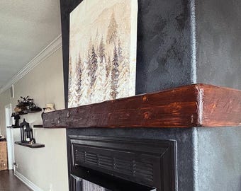 Custom Corner Fireplace Mantel Shelf: Distressed Rustic Wood Beam