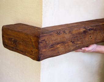 Custom Corner Mantel Shelf - Distressed Wood Fireplace Beam