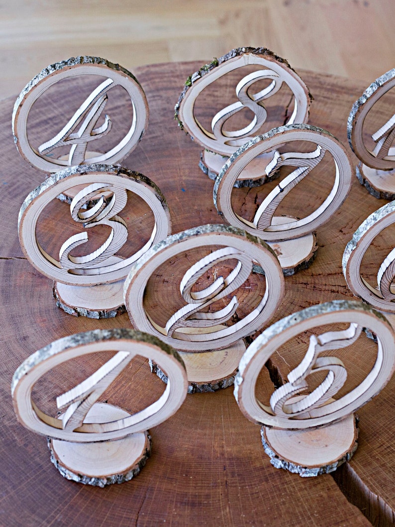Wooden table numbers for wedding, Rustic table décor, Free standing table numbers, Hand cut from natural wood slice image 5