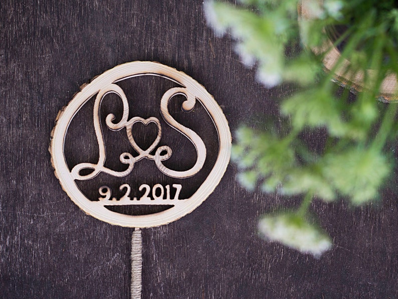 Monogram cake topper, Unique wedding cake topper, Initial cake topper, Wooden cake topper, Wood slice cake topper, Personalized cake topper image 7