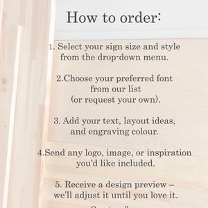 May include: Image with text: "How to order:" followed by five steps to customize a sign, including selecting size, font, adding text, and sending a logo. The text also includes a call to message for questions.