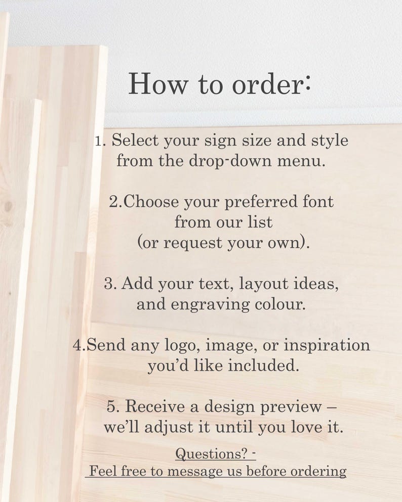 May include: Image with text: "How to order:" followed by five steps to customize a sign, including selecting size, font, adding text, and sending a logo. The text also includes a call to message for questions.