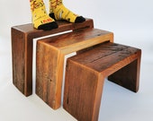 Set of 3 Wood Step Stools, Rustic Wood Plant Stands, Tiered Reclaimed Wood Riser, Gift for the home