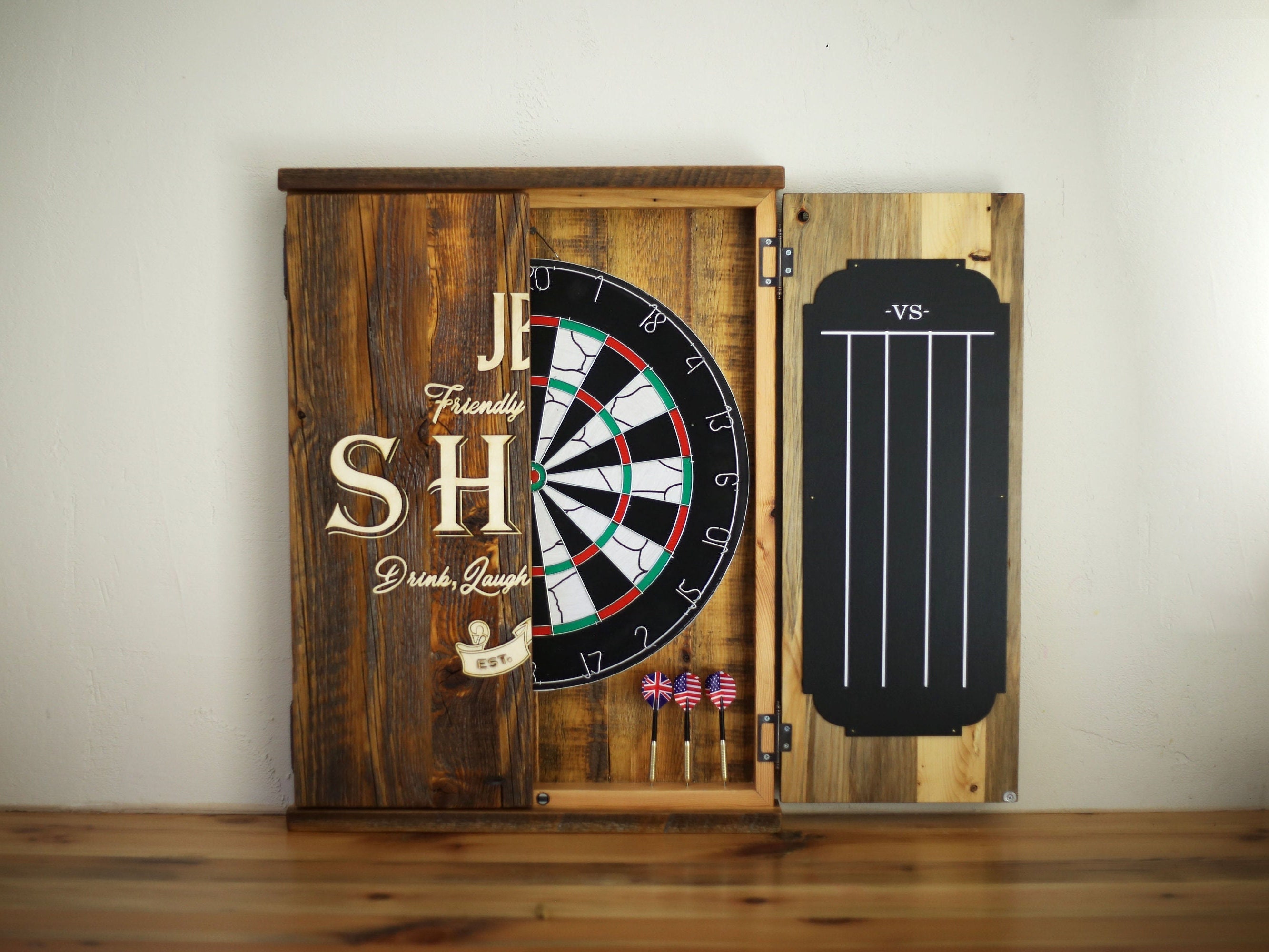 Personalized Reclaimed Wood Dart Board Cabinet: Rustic Game Room