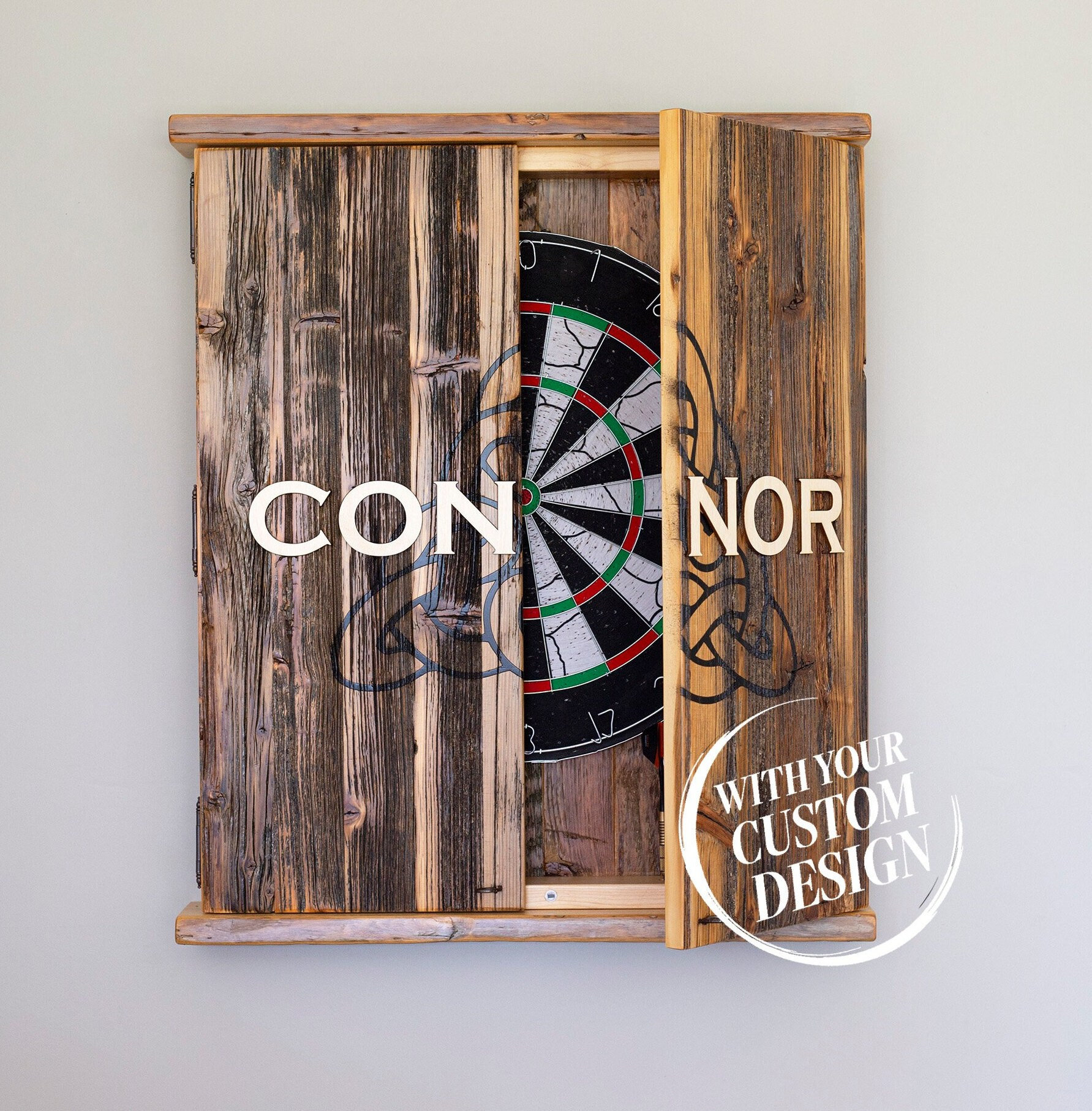 Personalized Dart board Cabinet, Rustic Gameroom decor, Custom wall protector, game room accessory for man cave, handmade gift for him