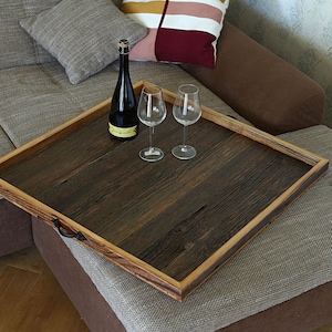 Large ottoman tray with handles from reclaimed wood, Square ottoman tray, Housewarming gift for couple