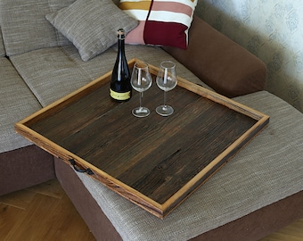 Large ottoman tray with handles from reclaimed wood, Square ottoman tray, Housewarming gift for couple