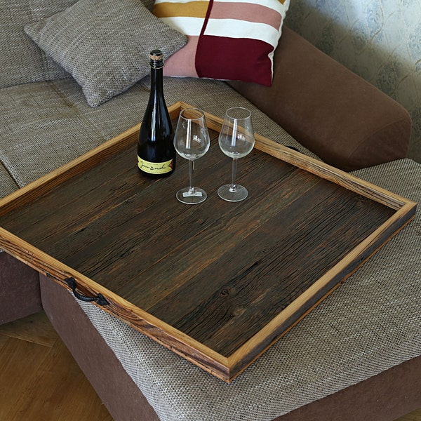 Large ottoman tray with handles from reclaimed wood, Square ottoman tray, Housewarming gift for couple
