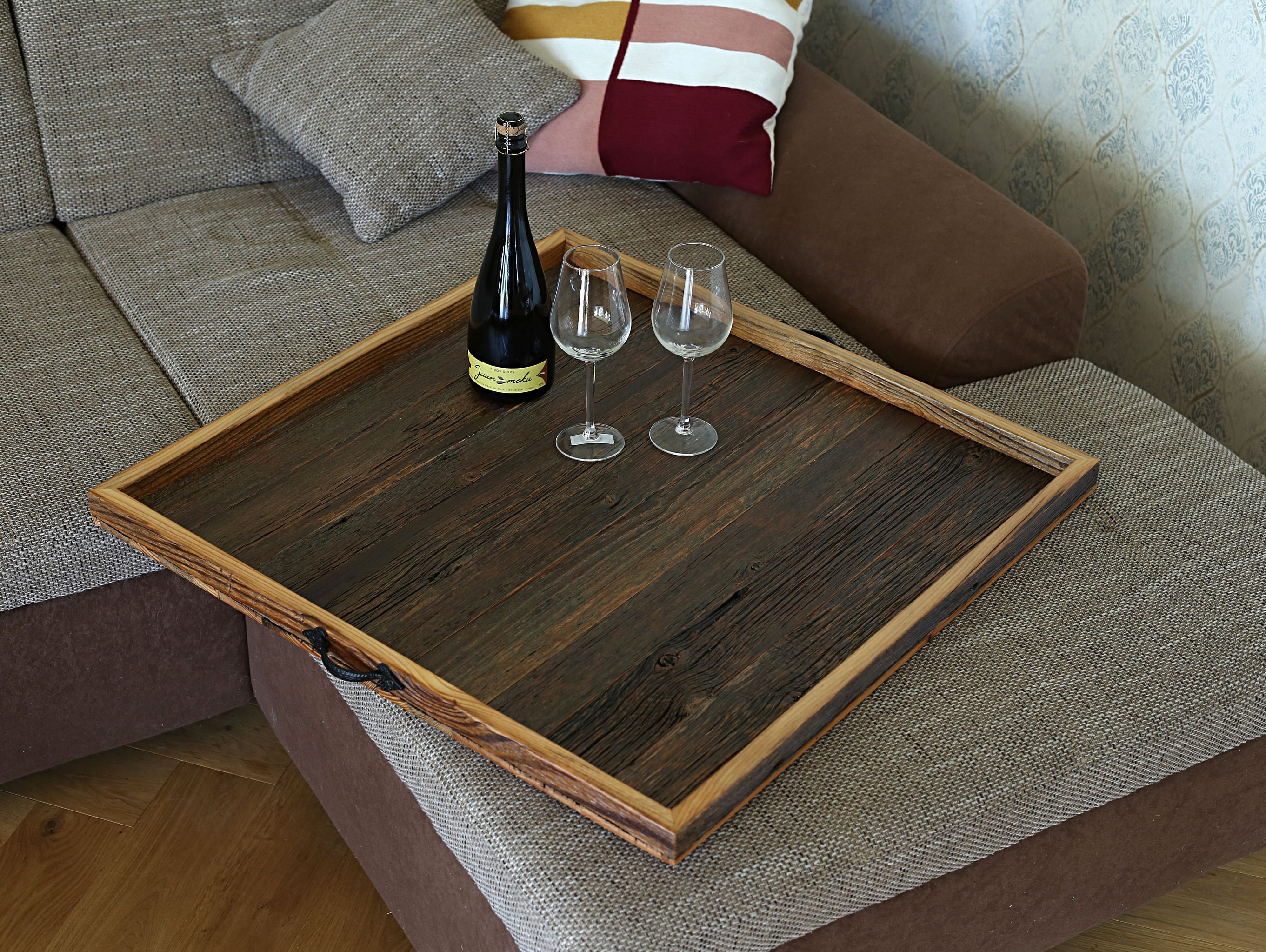 Large Ottoman Tray With Handles From Reclaimed Wood Square
