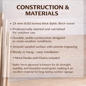 May include: A wooden sign with the text "CONSTRUCTION & MATERIALS" is displayed. The sign is made of 21 mm (0.83 inches) thick Baltic Birch wood, professionally stained and varnished for outdoor use. It includes metal hooks and chains for hanging.