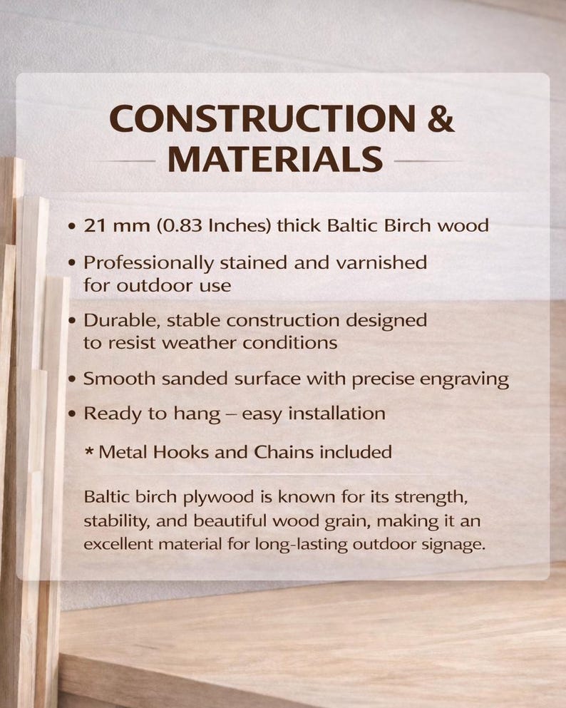 May include: A wooden sign with the text "CONSTRUCTION & MATERIALS" is displayed. The sign is made of 21 mm (0.83 inches) thick Baltic Birch wood, professionally stained and varnished for outdoor use. It includes metal hooks and chains for hanging.