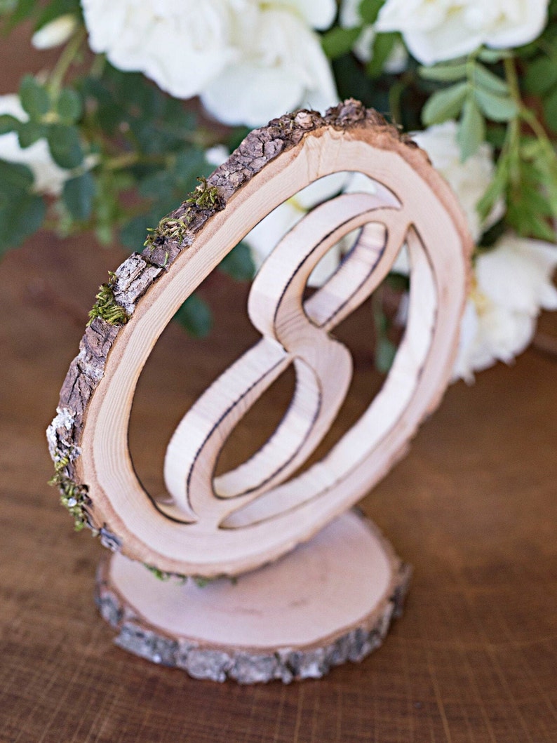 Wooden table numbers for wedding, Rustic table décor, Free standing table numbers, Hand cut from natural wood slice image 2